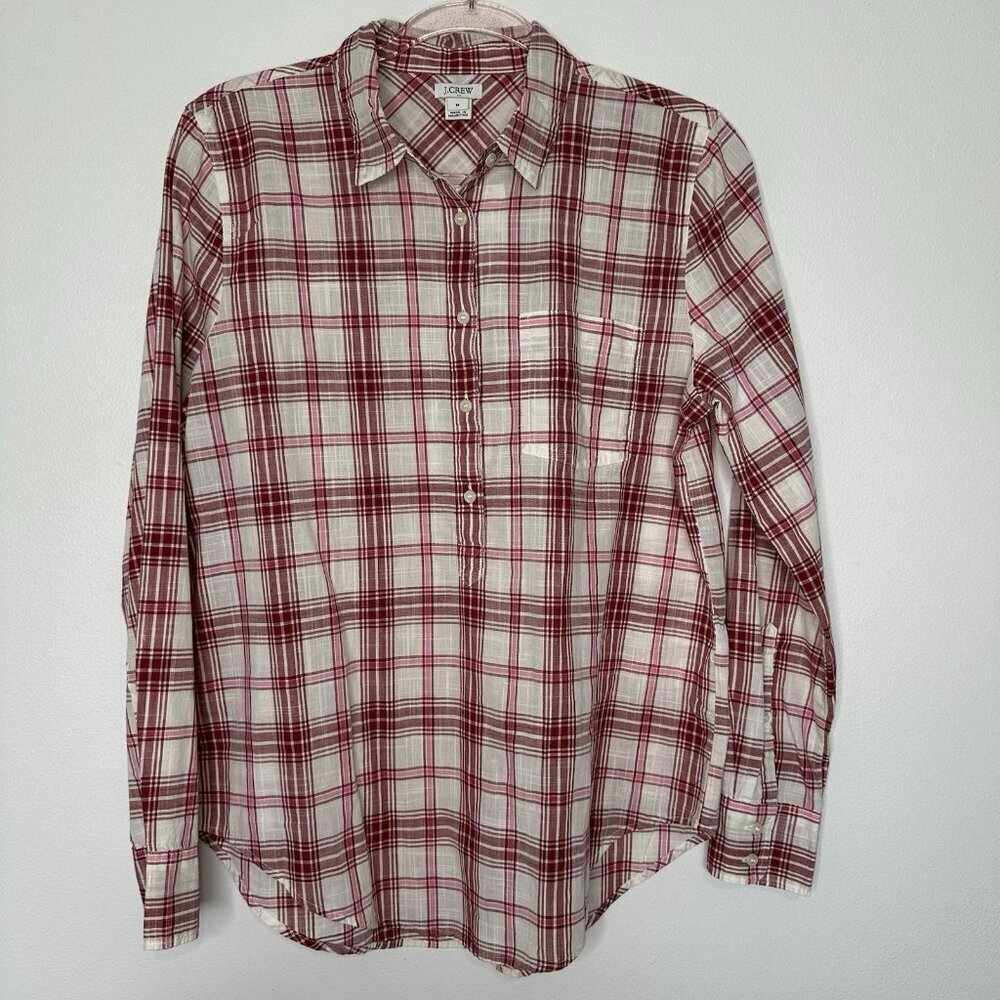 J Crew Boy Fit Plaid Shirt Size M Cotton‎ Gauze Red Pink